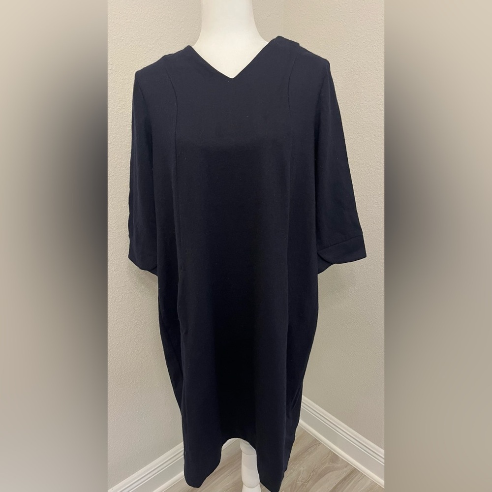 MaxMara Black Dress Midi Wool Blend Dress w/ 3/4 Sleeves Size M